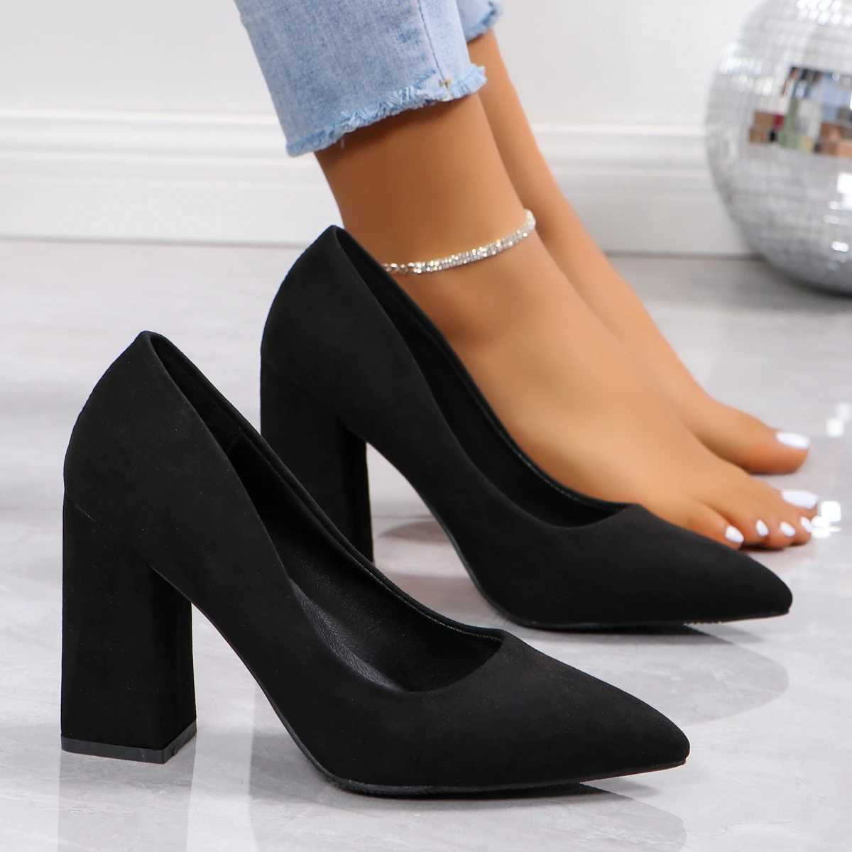 High Quality New 7cm Thick High Heels Womens Pump Shoes Suede Wedding Party Casual Square High Heels Fi Slip - Womens High Heels T241024