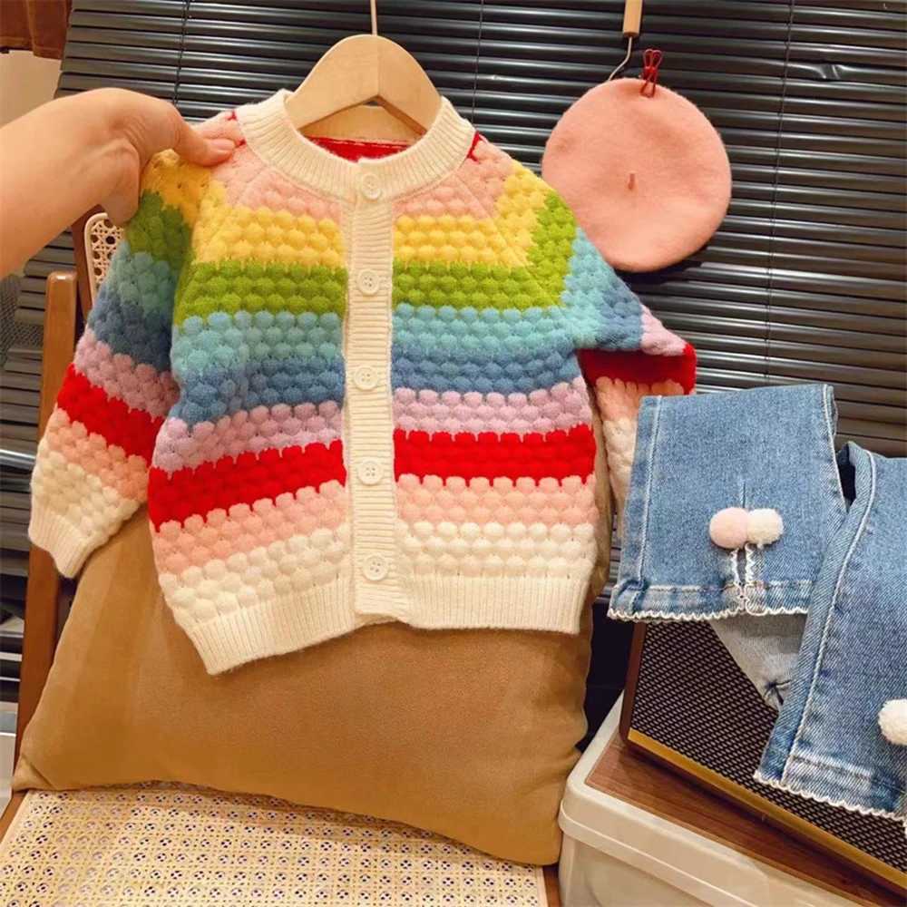 Rainbow striped knitted cardigan suitable for children girls autumn winter long sleeves single sweat jackets childrens clothing W241025