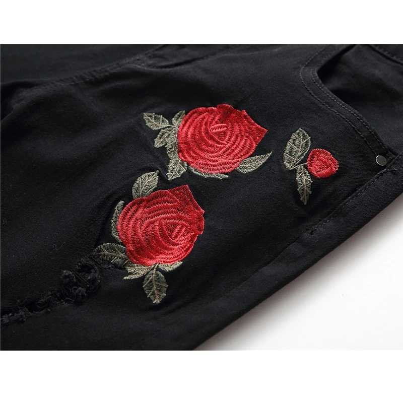 Men's Jeans New black ripped denim jeans with embroidered mens style floral and rose embroidered mens style denim jeans stretchy tight jeans Q241