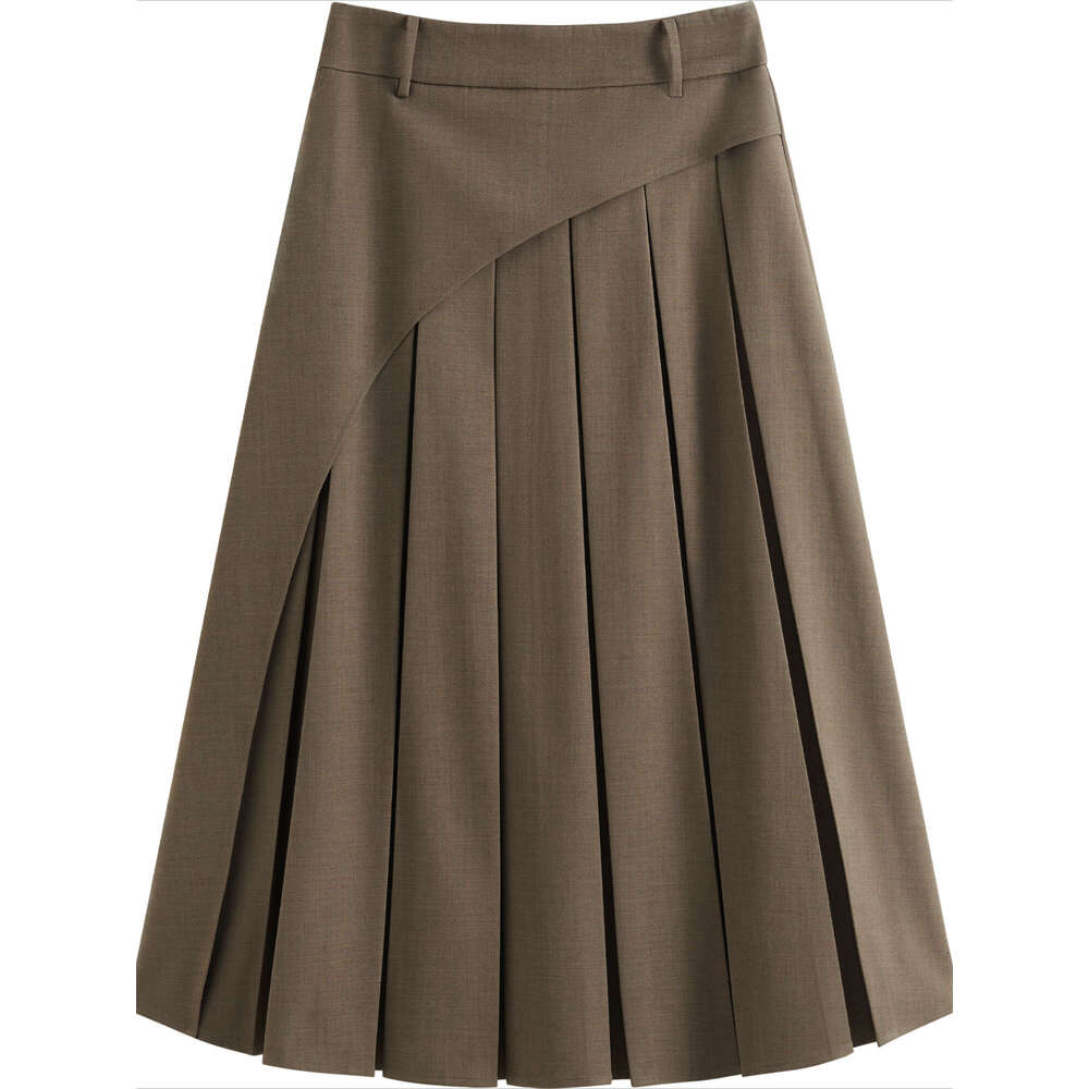 FSLE Women Skirts Asymmetric Design Female Brown Pleated A-E Winter Thicken Long Twill Skirt 24Fs14622