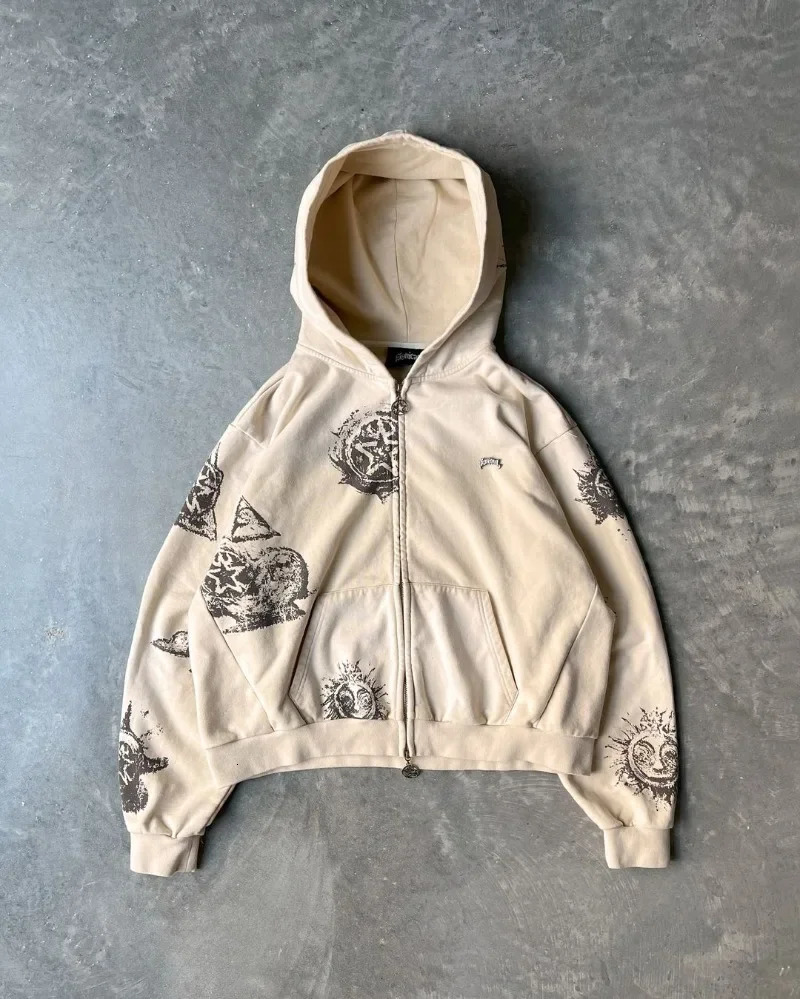 Cartoon Print Fashion High Street Retro Versatile Zipper Hoodie Men Y2k Harajuku Goth Punk Hip Hop Rock Oversized Sweatshirt 241021