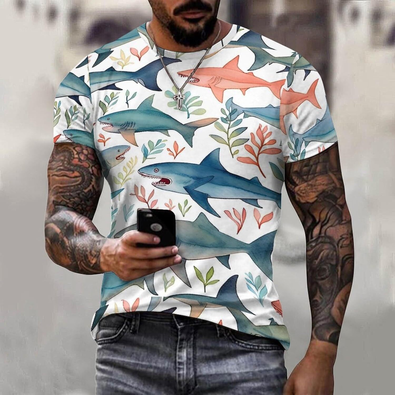 Mens T shirt Shark Pattern Cotton T-Shirt 3D Printed Casual Shirt Men's Crew Neck T-Shirt tee Casual tops summer All-in-one fashion clothes