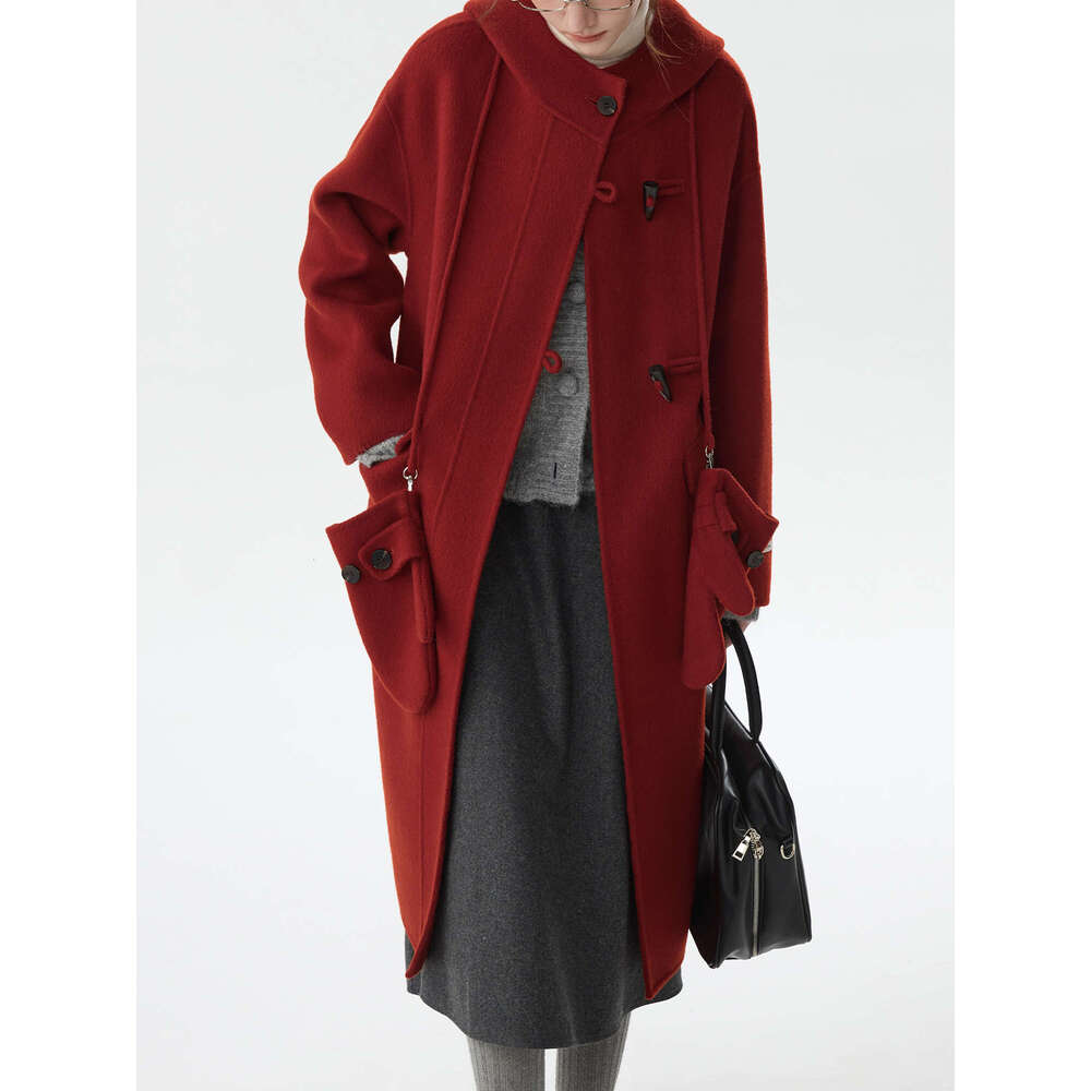FSLE 100% Women Retro Red Horn Button Long Woolen Jackets Hooded Casual Commuter Pink Drop Sleeve Wool Coats 24Fs14227