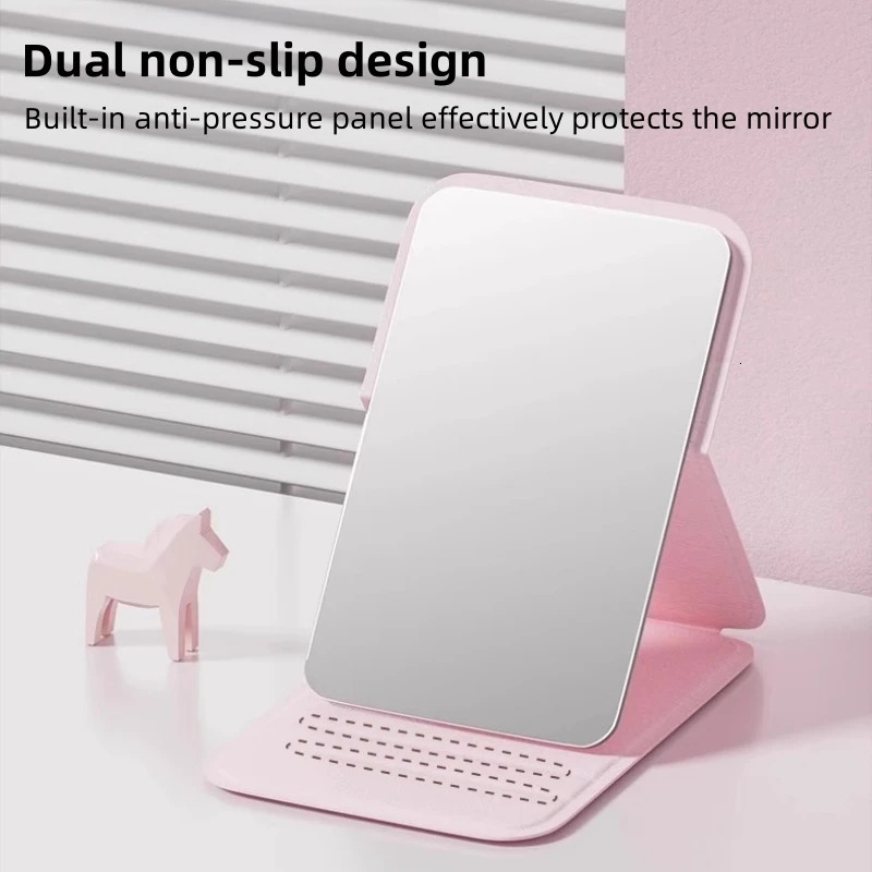 Desktop Makeup Mirror Solid Color PU Leather Simple Portable Handheld Foldable Student Compact Cute Pocket 241024