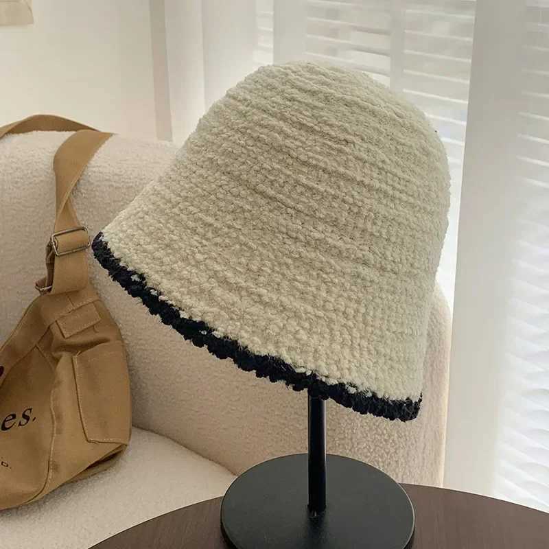 New Knitting Bucket Hat Women Winter Lamb Wool Fleece Cap Corduroy Fisherman Hats Sunscreen Panama Caps for WomenX241025