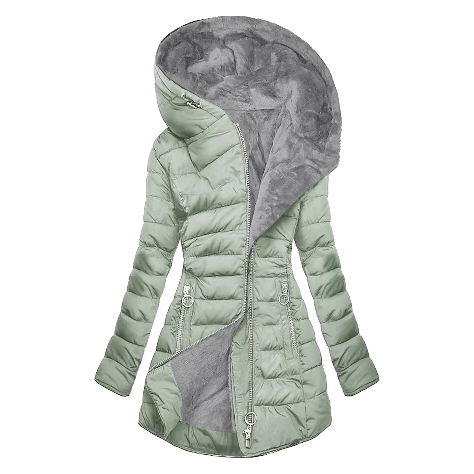 Womens Winter Warm Fleece Parka Jacket - Thick Plush Padded Cotton Down Coat Solid Color Hooded Outwear