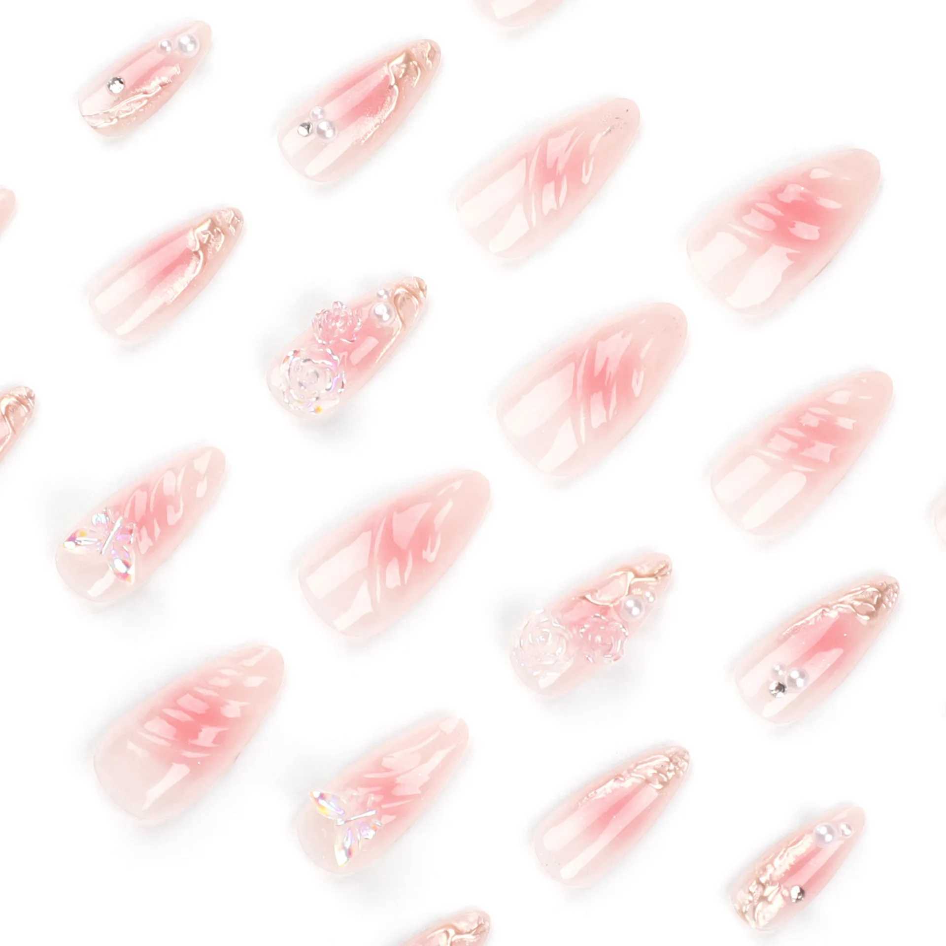 24pcs Pink Blush Flower Fake Nail for Women Wearable Y2k 3D Wave Decor False Nail Patch Korean Sweet Almond Press on NailsXJ241025