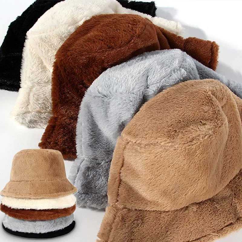 Soft Faux Rabbit Fur Bucket Hat Solid Thicken Autumn Winter Warm Plush Panama Casual Hats for Women Ladies Fisherman Caps BonnetX241025