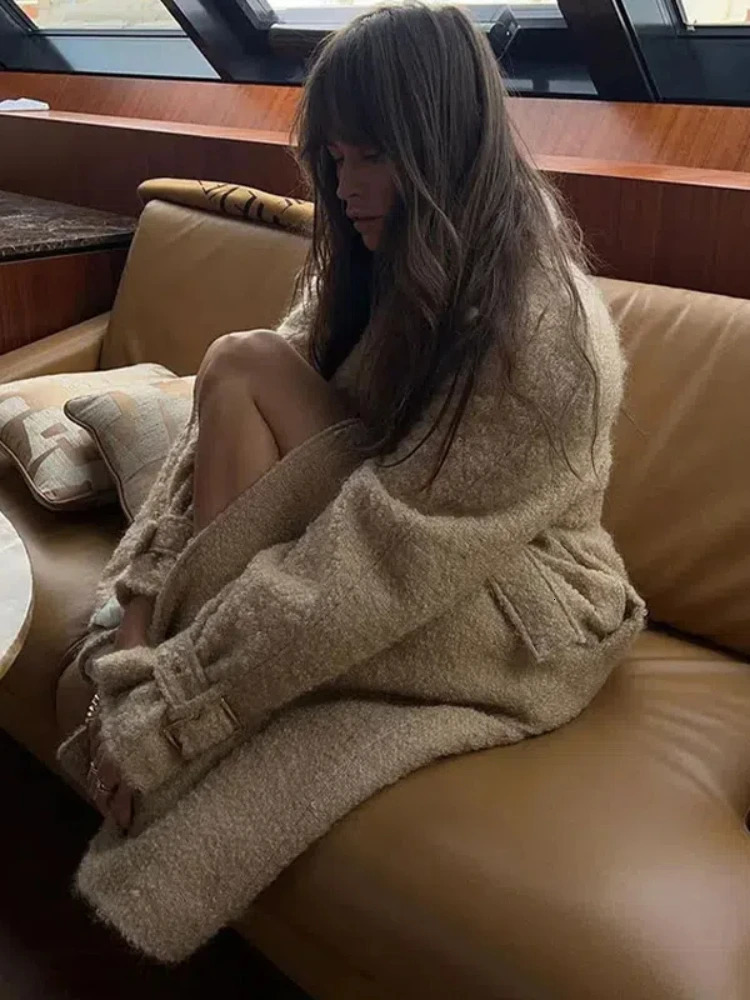 Retro double-layer wool long coat womens casual lapel pocket Maxi coat with belt womens autumn elegant and chic streetwear 241024