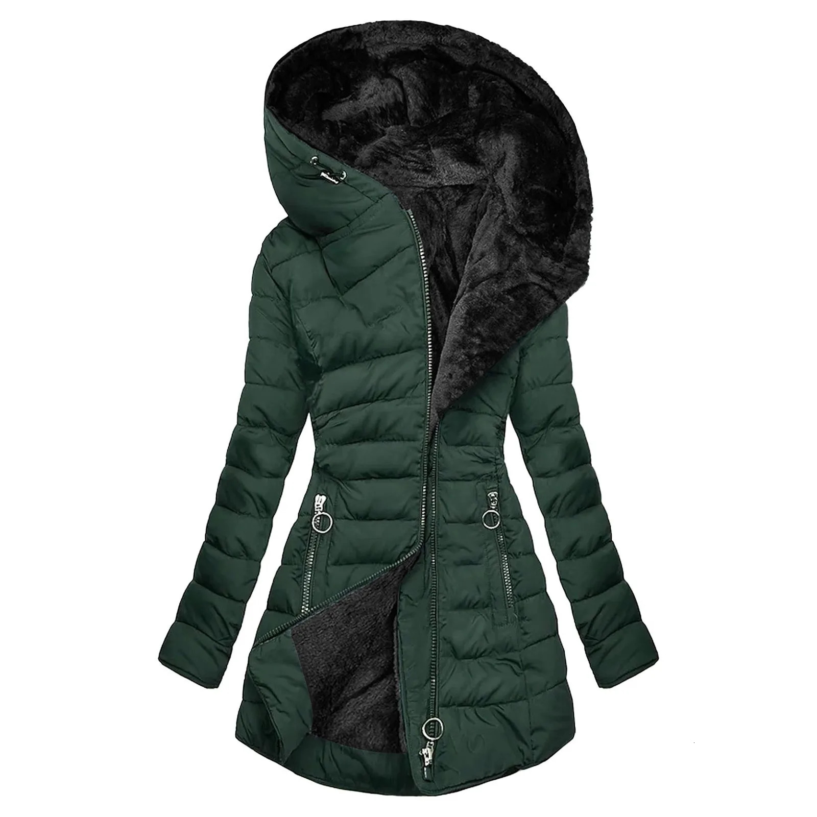 Womens Winter Warm Fleece Parka Jacket - Thick Plush Padded Cotton Down Coat Solid Color Hooded Outwear