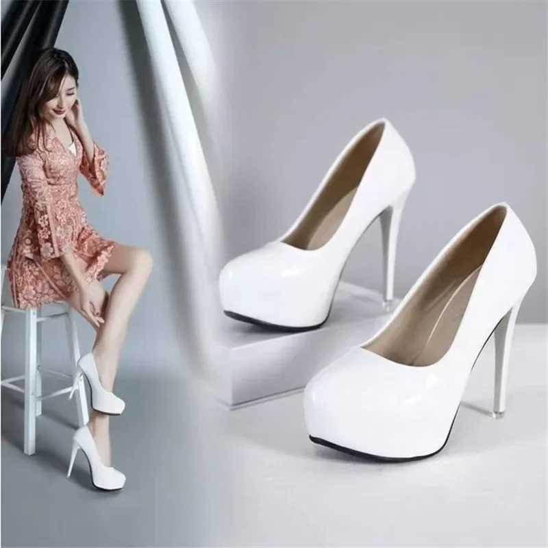 High Quality Hot Womens Pump Patent Leather Round Toe 12CM Platform Wedding Party Dress High Heels T241024