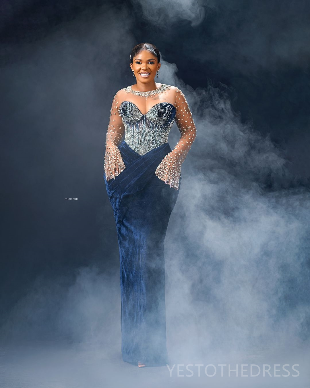 2024 Plus Size Navy Blue Prom Dress Evening Dresses Elegant Sheer Neck Velvet Mermaid Beaded Rhinestones Crystals Decorated 50TH Birthday Dress Engage