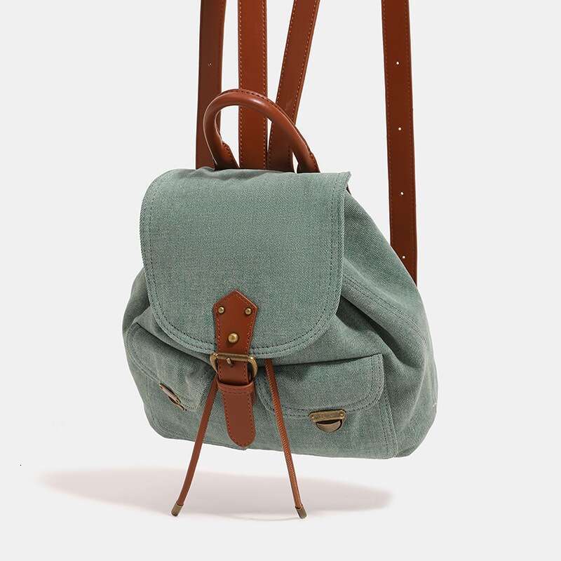 retro color blocking with a highend feel washed denim fabric small versatile fashionable backpack commuting