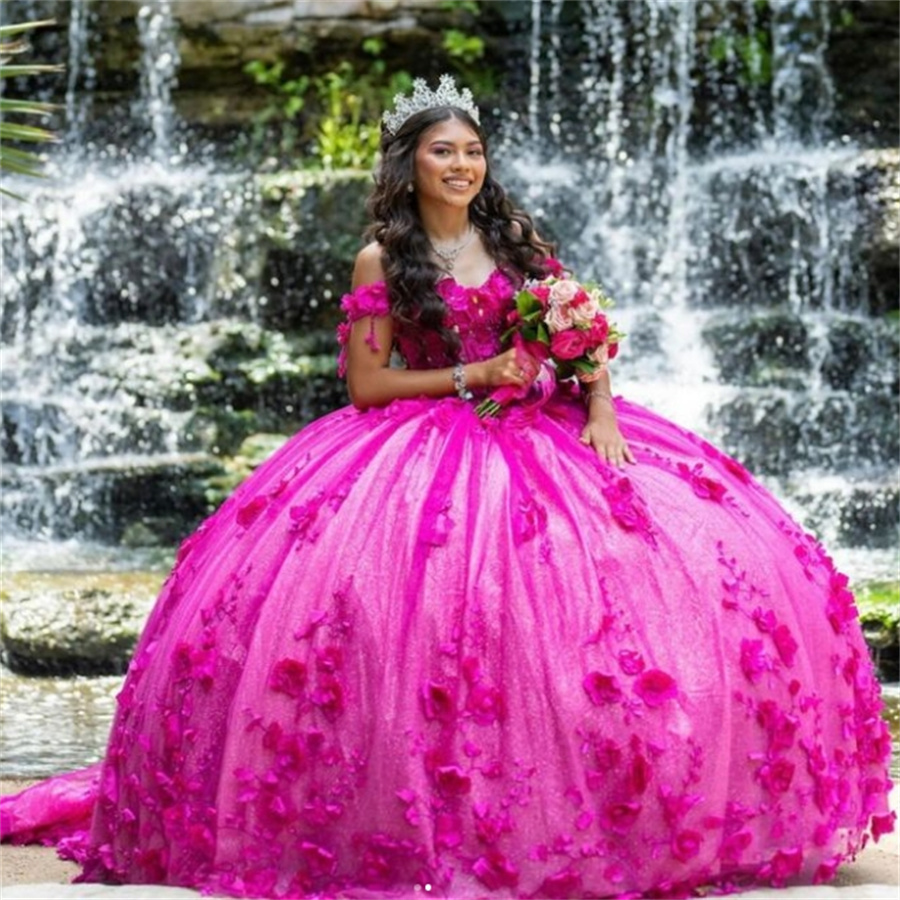 Gorgeous Hot Pink Quinceanera Dresses 2025 Luxury Puffy Tulle 3D Flower Florals Fifteen Birthday Dress Elegant Vestido De 15 Anos Luxury Sweet 16 Part