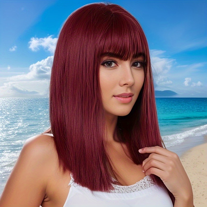 Beautiful girl long straight hair chemical fiber full head wig bangs wine red medium long hair wig