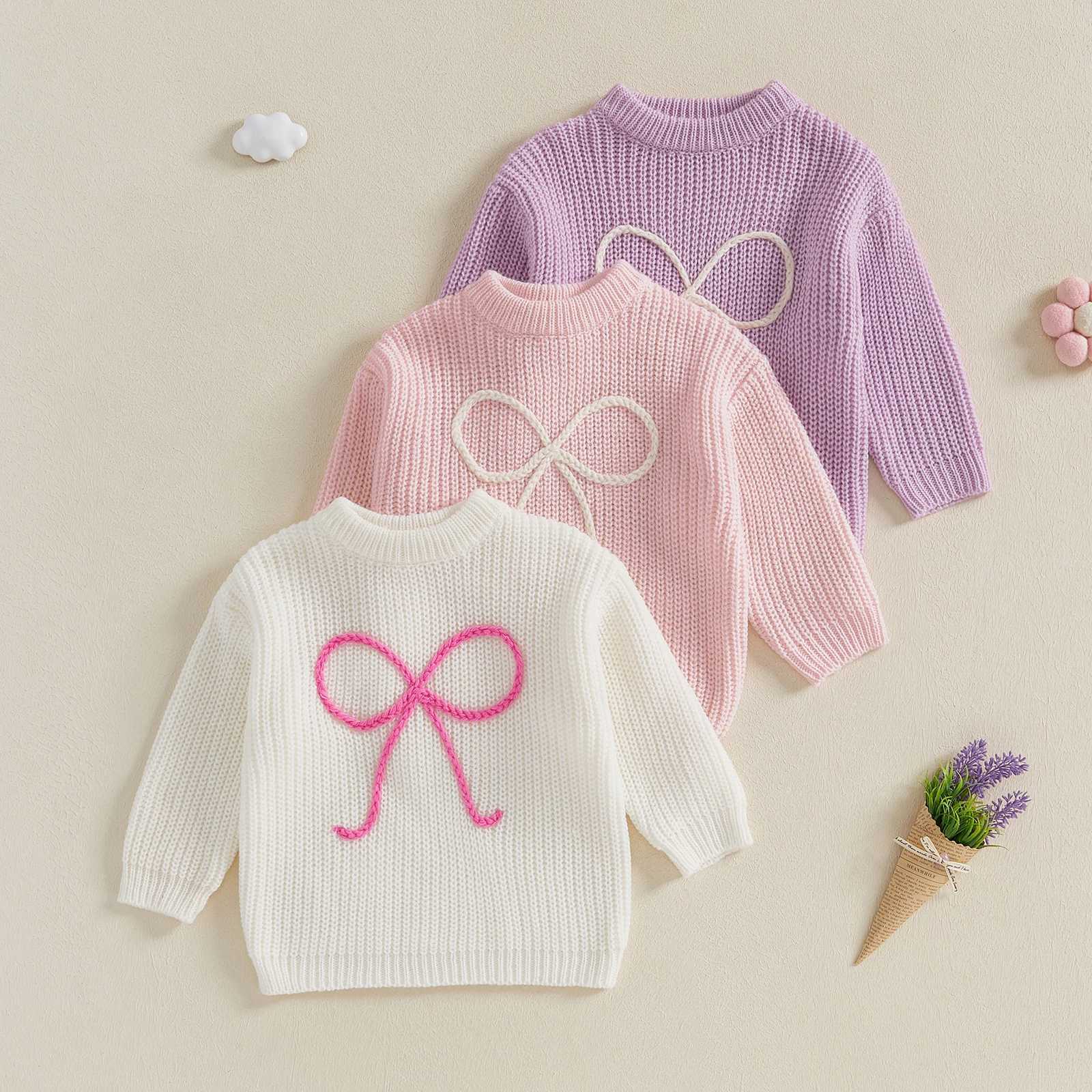 FOCUSNORM 6-Color 0-5Y Autumn Winter Cute Sweater for Children and Girls Butterfly Knot Embroidered Long Sleeve Round Neck Loose Knitted Pulling Flowe