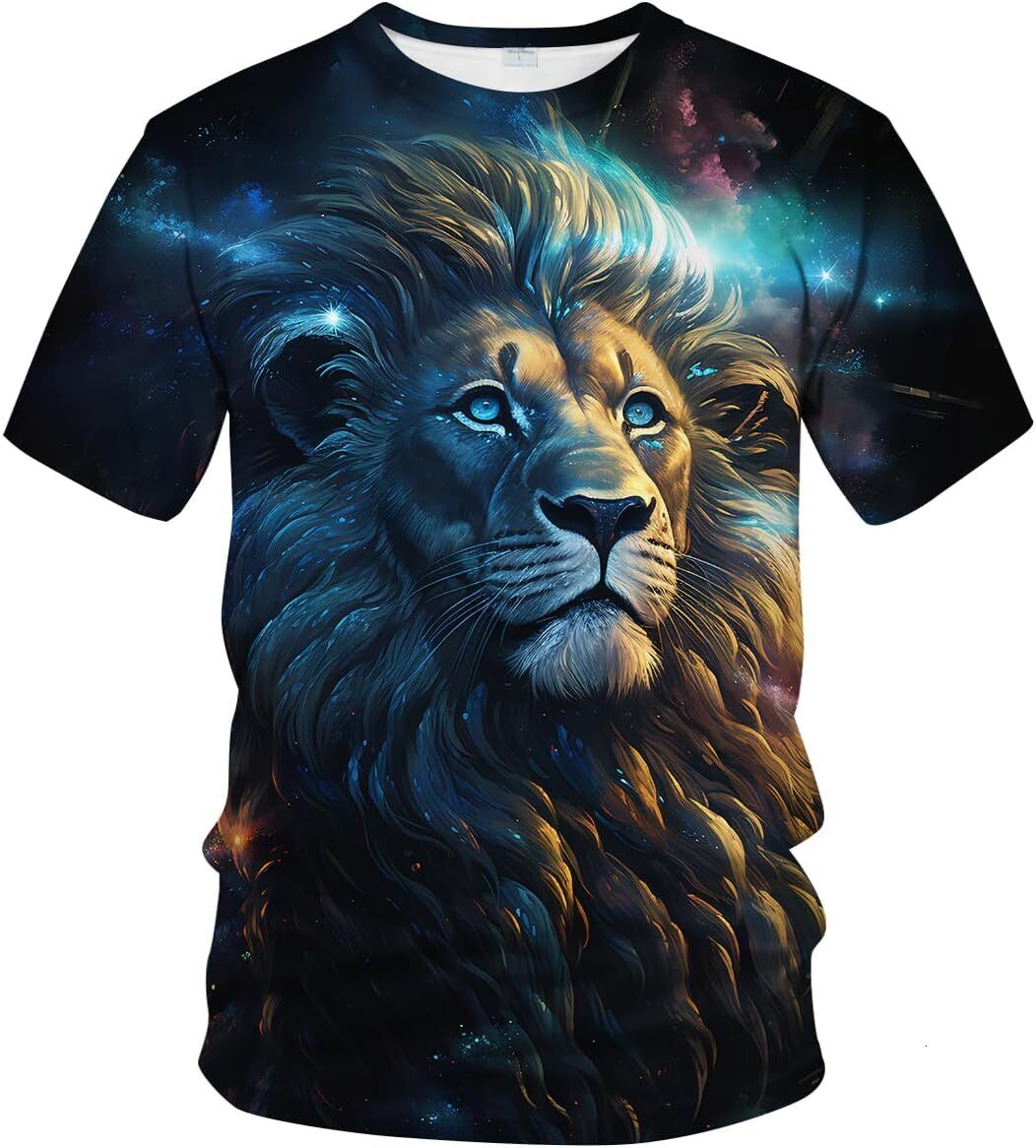 Mens T shirt Retro Casual Tropical Starry Sky Lion Floral Print Short Puff Sleeve Shirt tee Casual tops summer clothes
