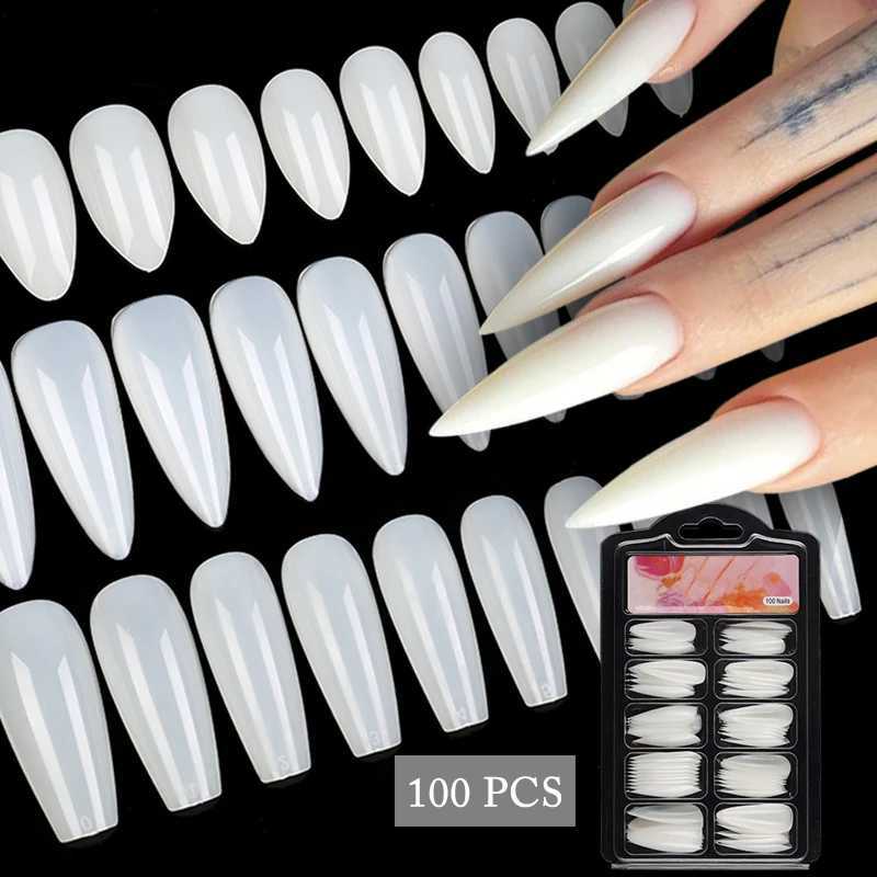 100pcs/box Natural Fake Nails Clear White Full Coverage Extension False Nails Tips T-shaped Water Drop Full Sticker For NailsXJ241025