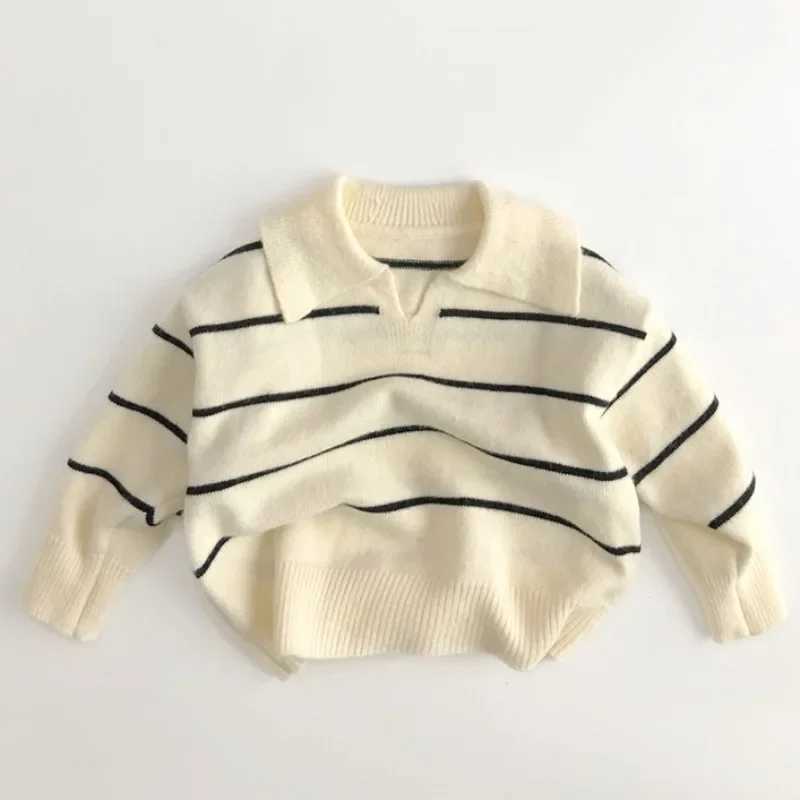 Childrens 2024 Autumn Sweater Boys Striped Korean Top Flip Collar Polo Collar Pulling Flower Girls Knitted Kossel Sweater W241025
