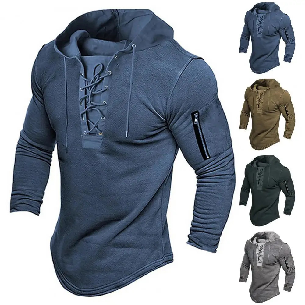 No Ironing Men Hoodie Vintage Laceup Stylish Mens Pullover with Zipper Detailing Slim Fit for Spring Fall Casual Style 241025