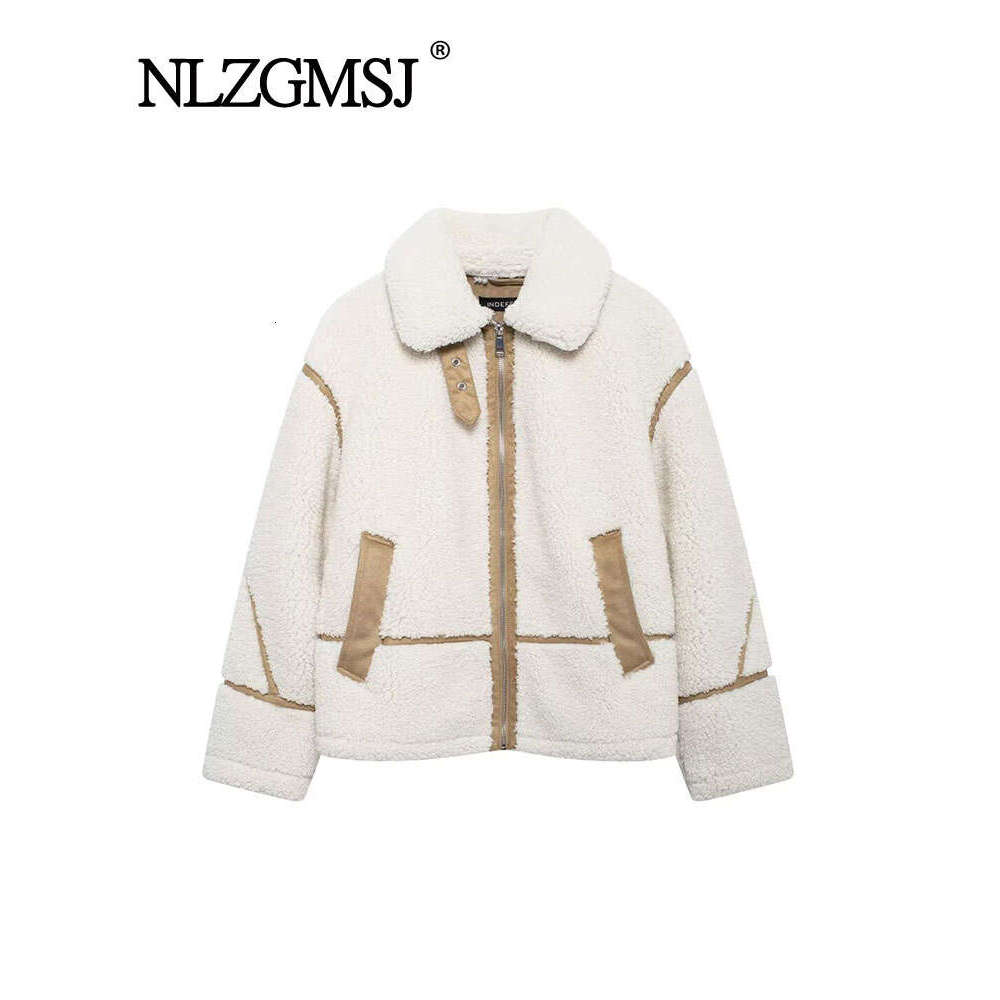 TRAF 2024 Winter Women Lamb Fleece Jacket Lapel Zipper Contrast Color Integrated Overcoat Versatile Warm Thickened Coat