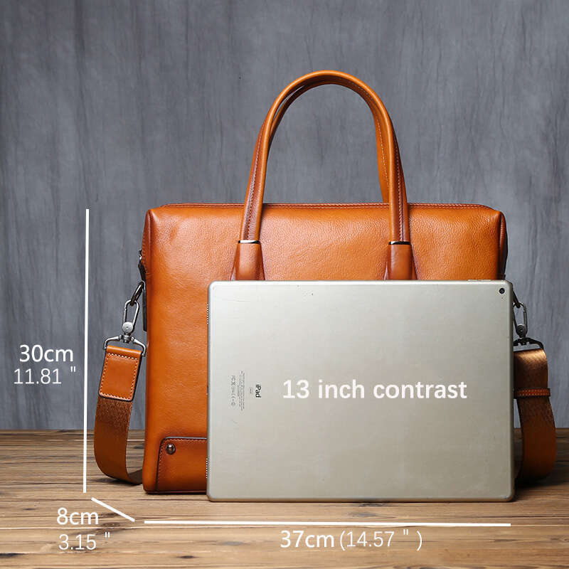 Leather Men Briefcase Natural Cowhide Handbag Vintage Computer Bag Casual Business Shoulder Messenger For 14-Inch Laptop