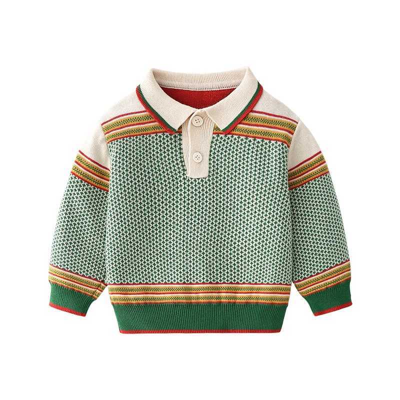 Autumn and winter childrens polo shirt striped patch thickened childrens boy baby boy Pullover cotton elastic hem little boy sweater W241025