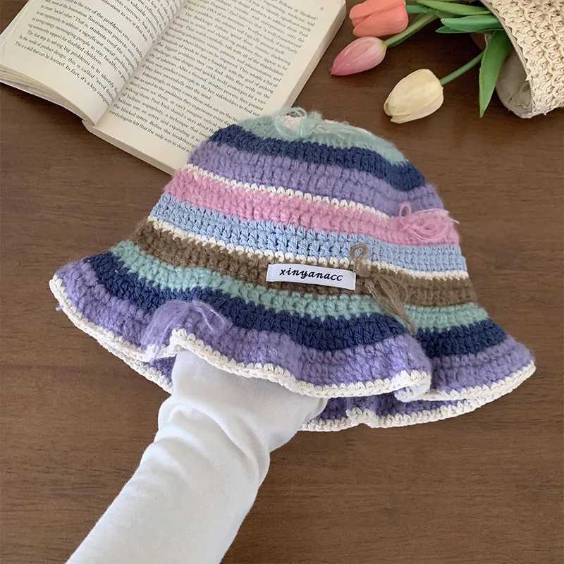 Fisherman Hat New Dopamine Sweet Cute Bow knit Hat Fresh Woven Handmade Straw Hat LadyX241025