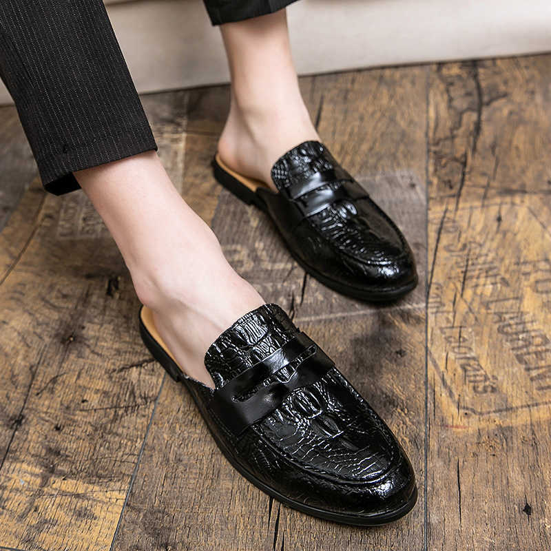 Men Dress Shoes Summer Mens Breathable Casual Shoes With Headless Half Slippers Leather Shoes British Style Crocodile Pattern Lazy Shoes Small Mens Sh