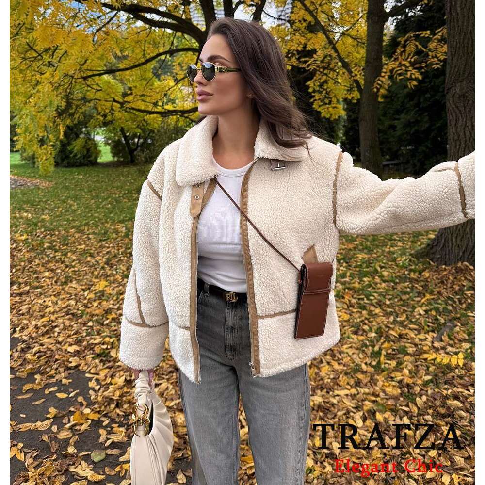 TRAFZA Women Fall Winter Jacket Lapel Contrasting Color Zipper Pocket New Fashion Casual Classic Fleece Coat