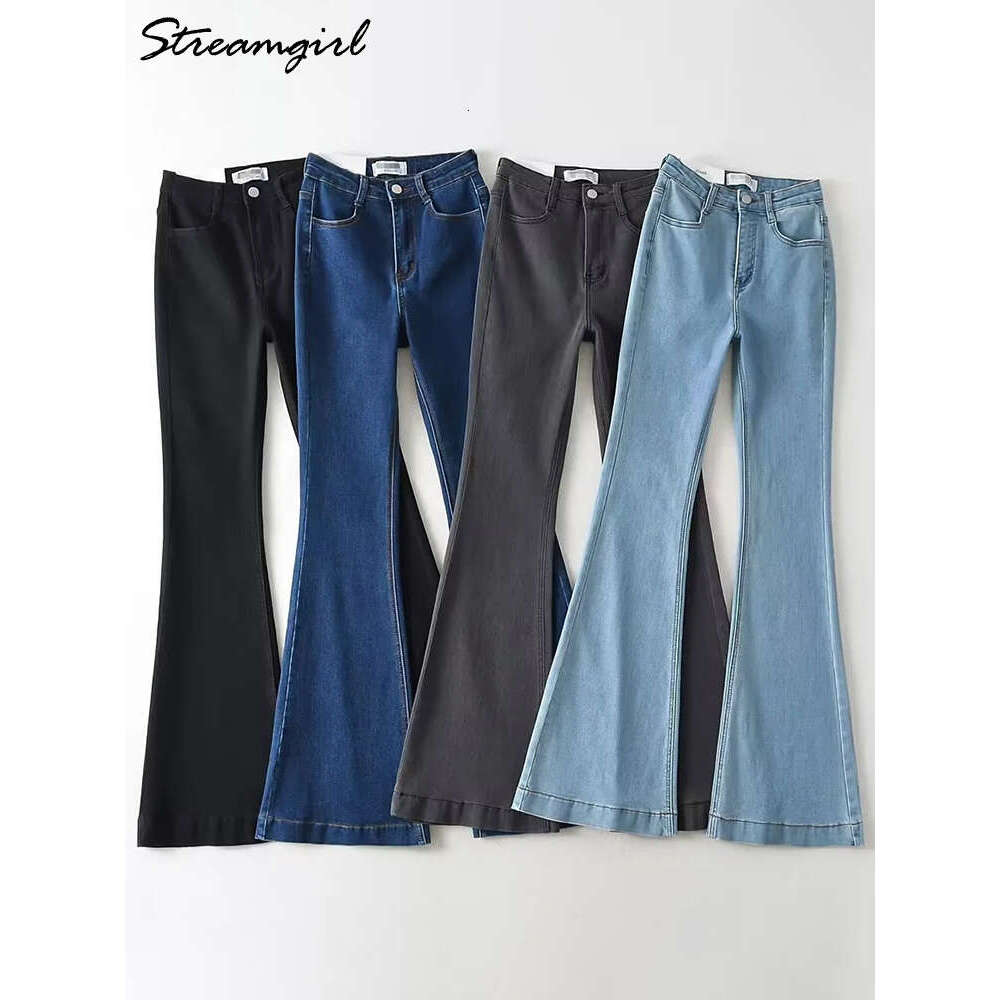 Elastic Stretch Full Denim Pants Soring Black Skinny Jean High Waist Flare Leg Blue Jeans For Women