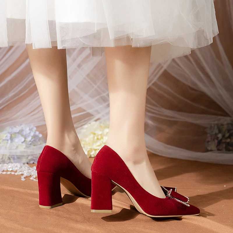 High Quality Womens Spring/Summer New Red Rhine Bow Large Wedding Shoes with Comfortable Corner and Shallow Mouth High Heels T241024
