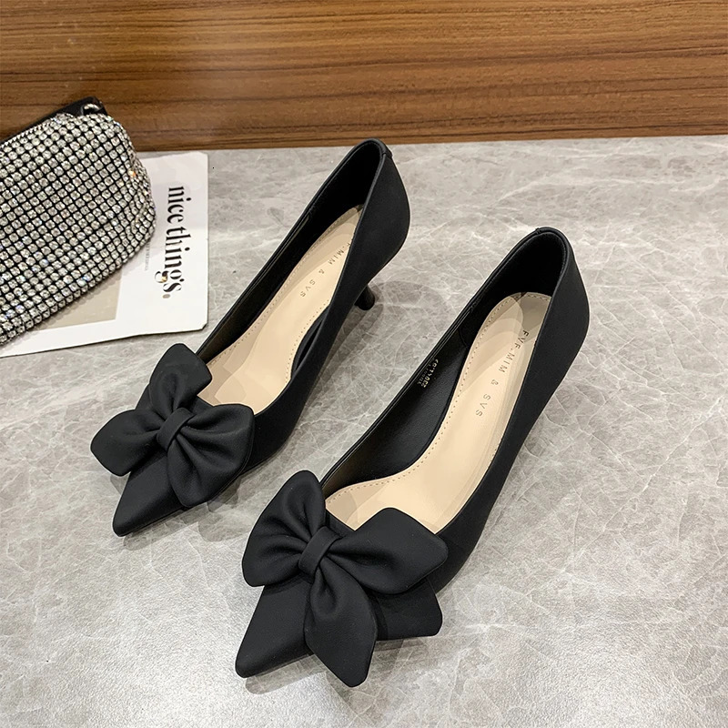 Black toe high-heeled shoes for women pump small size bow decoration thin high-heeled shoes for brides Laides Sapatos Femininos 241024