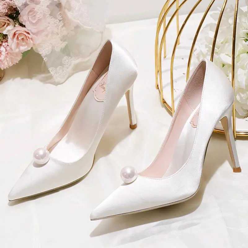 High Quality Womens Pump New Fi Womens Shoes Pointed White Pearl High Heels 8cm Stiletto High Heels Red Bridal Dress Pary Shoes T241024