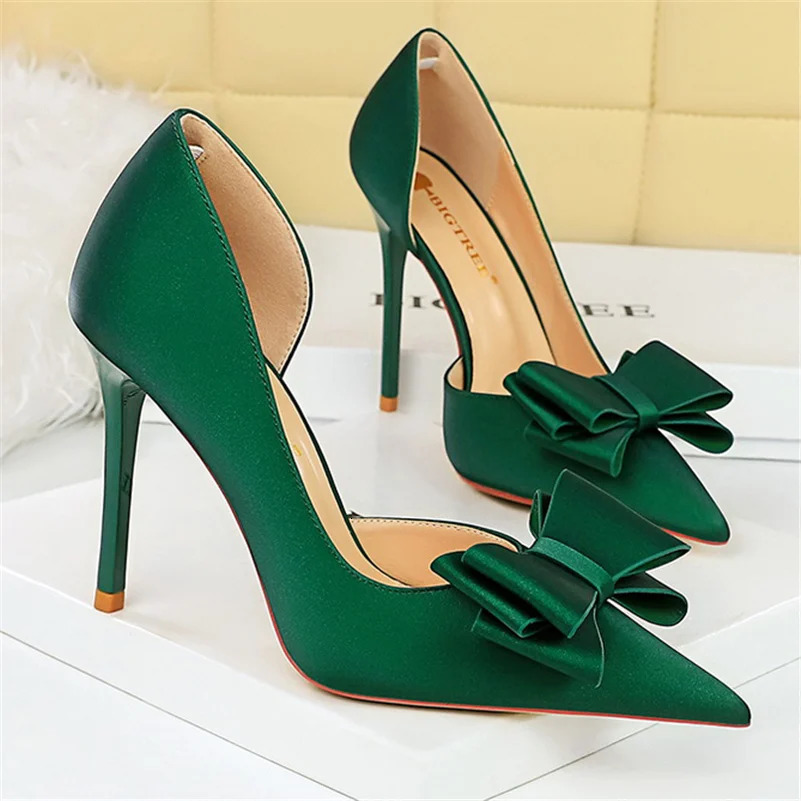 Womens 10.5cm high boots silk bow purple green pump womens wedding bride Escarpin blue peach party sweet shoes 241024