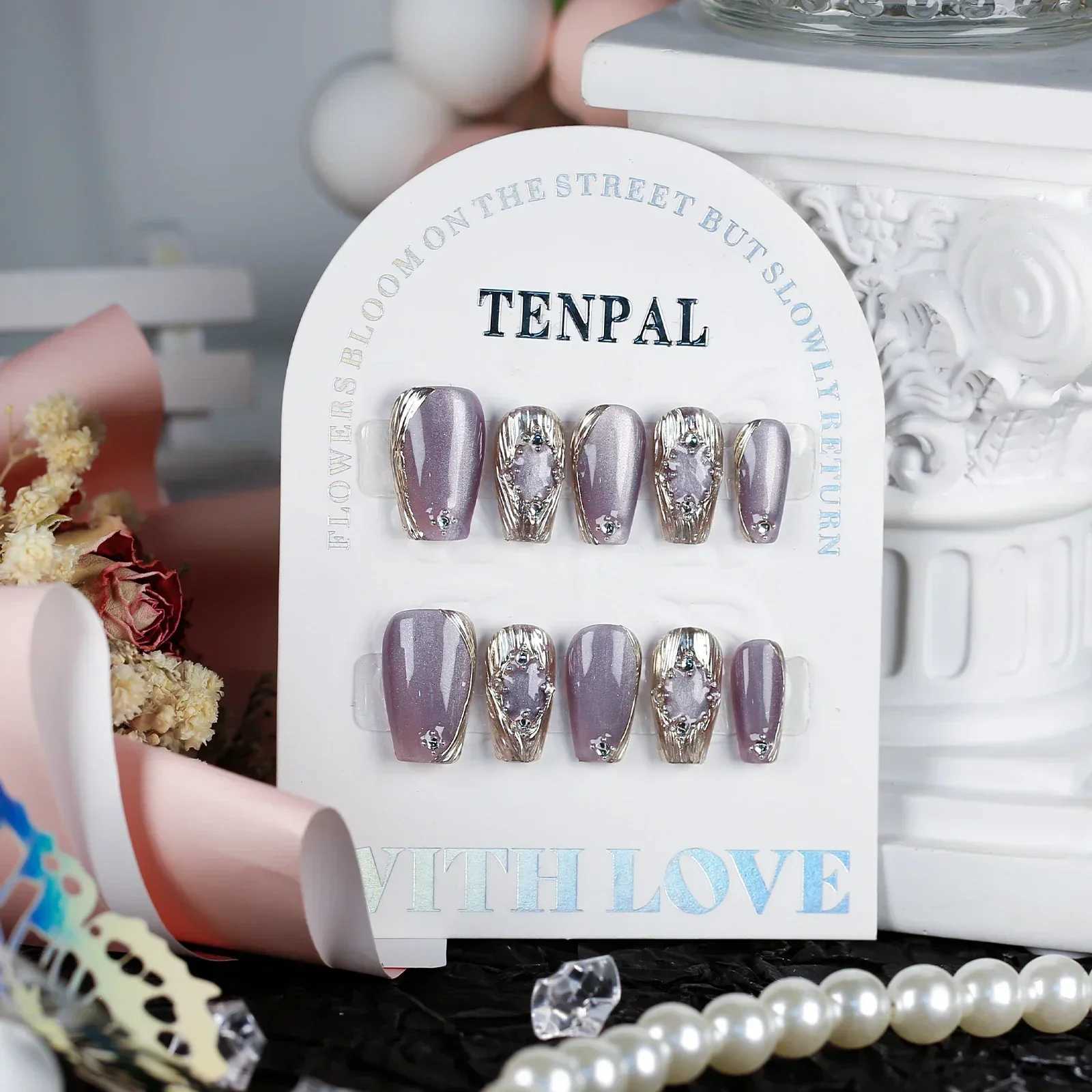 10pc wine red cat eye metal magic mirror designs artificial fake nails press on ballet full cover handmade false nails with glueXJ241025