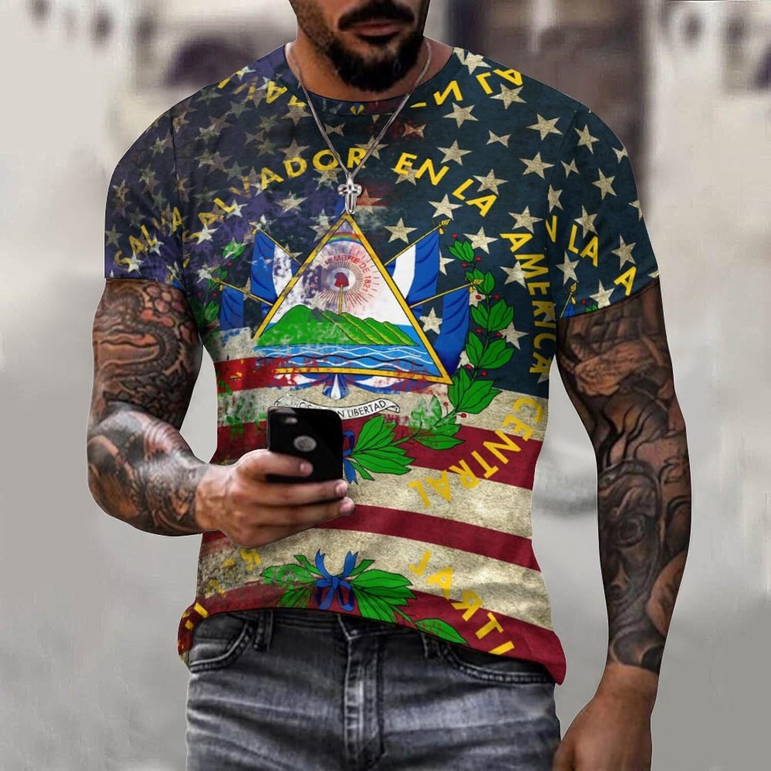 Mens T shirt Retro American Coat of Arms of El Salvador Flag Cotton T-Shirt 3D Printed Casual All-in-one fashion Shirt Men's Crew Neck T-Shirt te