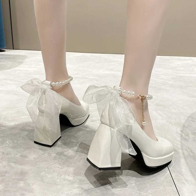 High Quality Ladies High Heels Elegant Bow Square Toes Black Fi Womens Pump Thick High Heels Wedding Party Pearl Lace Womens Wedding Shoes T241024