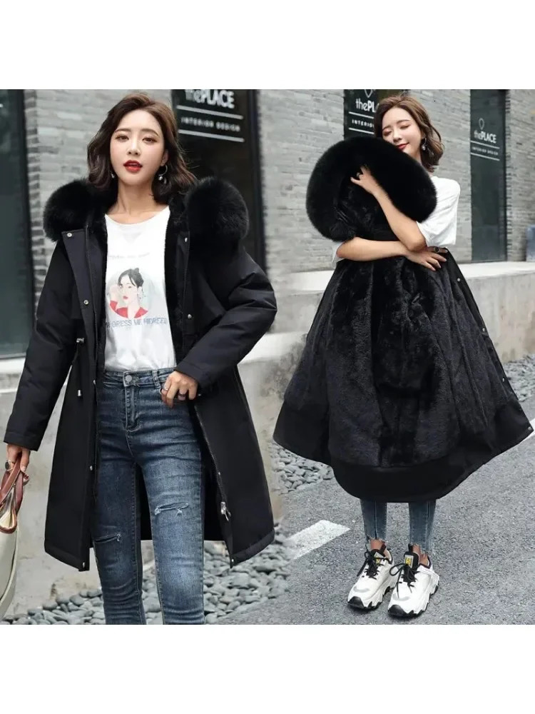Winter Jacket 2025 Women Parka Clothes Long Coat Wool Liner Hooded Fur Collar Thick Warm Snow Wear Fashion 241021