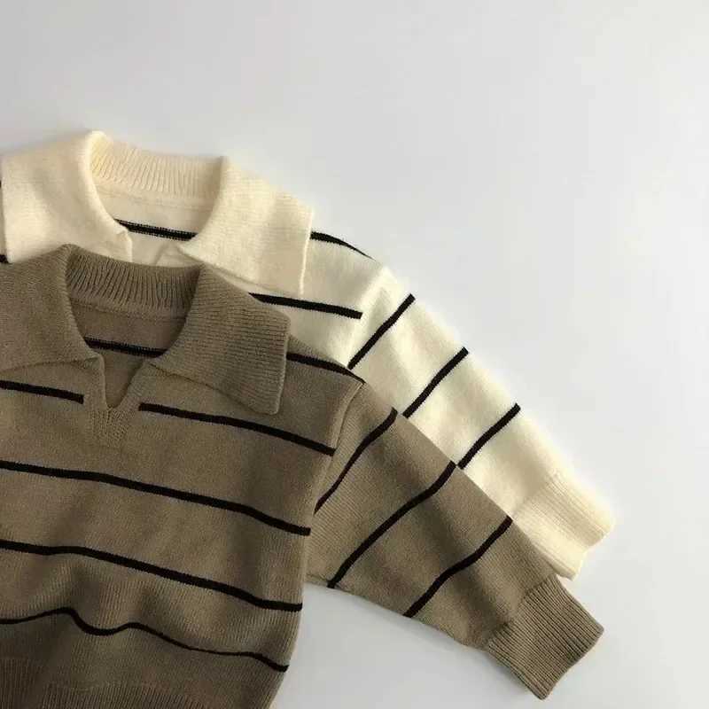 Childrens 2024 Autumn Sweater Boys Striped Korean Top Flip Collar Polo Collar Pulling Flower Girls Knitted Kossel Sweater W241025