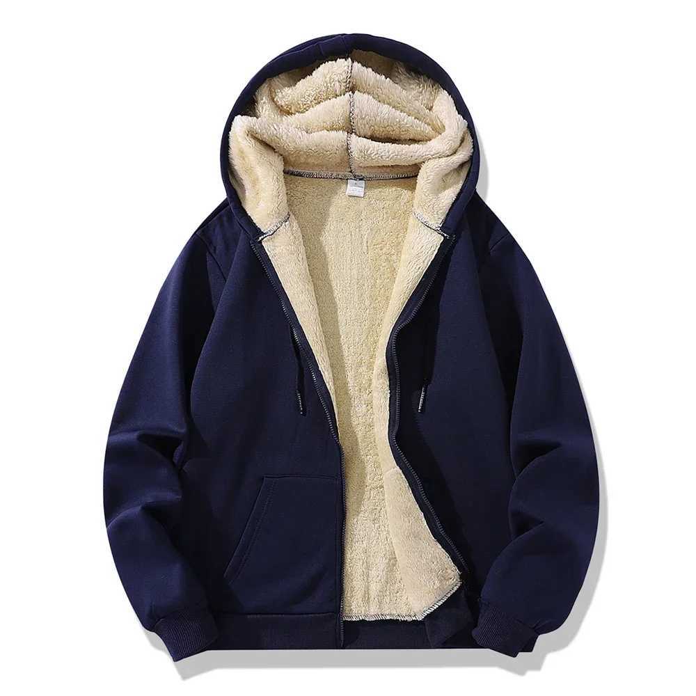 Winter warm zipper hooded sweatshirt Lambswool solid color sports casual jacket outerwear mens loose hot sweater W241024