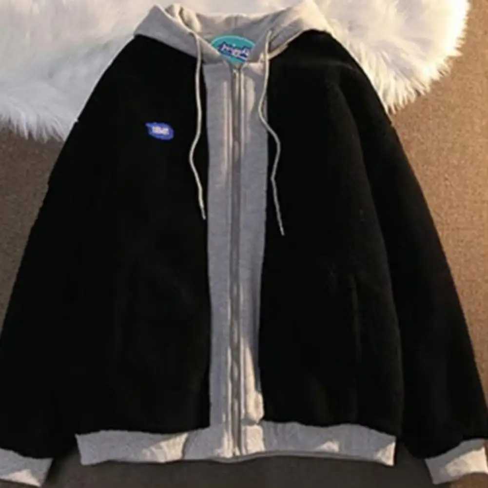 Imitation Lambswool Hoodie Thickened Hoodie Winter Hoodie Sweater Jacket with Zipper Drawstring Pocket Couple Color Lock W241024