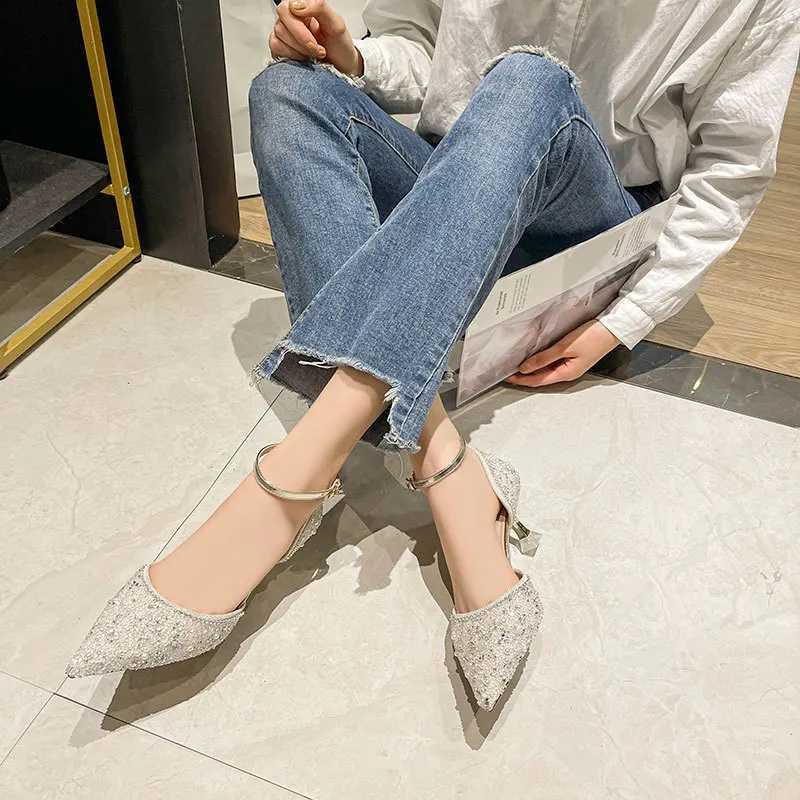 High Quality Womens shiny pumps ankle strap crystal high heels womens Pointed toes thin high heels wedding party shoes T241024