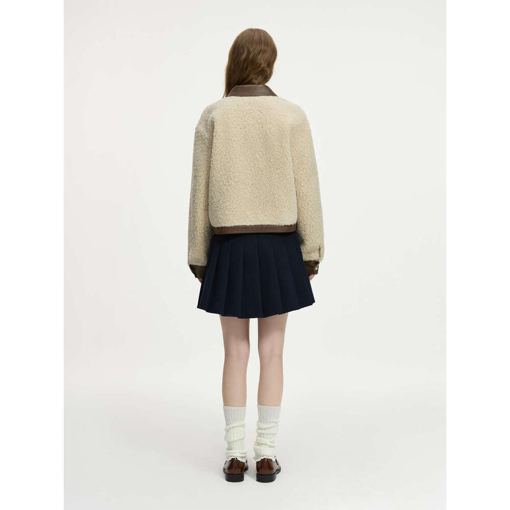 FSLE Office Lady Color Blocking Lapel Imitation Lamb Faux Fur One-Piece Short Jacket For Women's Winter 2024 New 24Fs14601