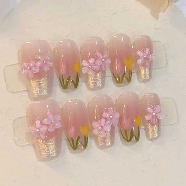 10pc Detachable Long Ballet Green False Nails with Camellia Butterfly Full Cover Press on Acrylic Nail Coffin Korean Style NailsXJ241025