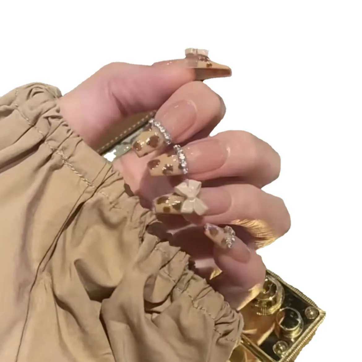 10Pcs Handmade Advanced Leopard French Press On Nail With Bowknot Ballerina Wearable Fake Nail Artificial Nail ArtXJ241025