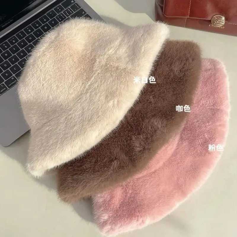 Y2k Fluffy Warm Thick Plush Bucket Hats Women Rabbit Fur Warm Faux Fur Winter Hat Grils Ins Fashion Furry Panama Fisherman CapX241025
