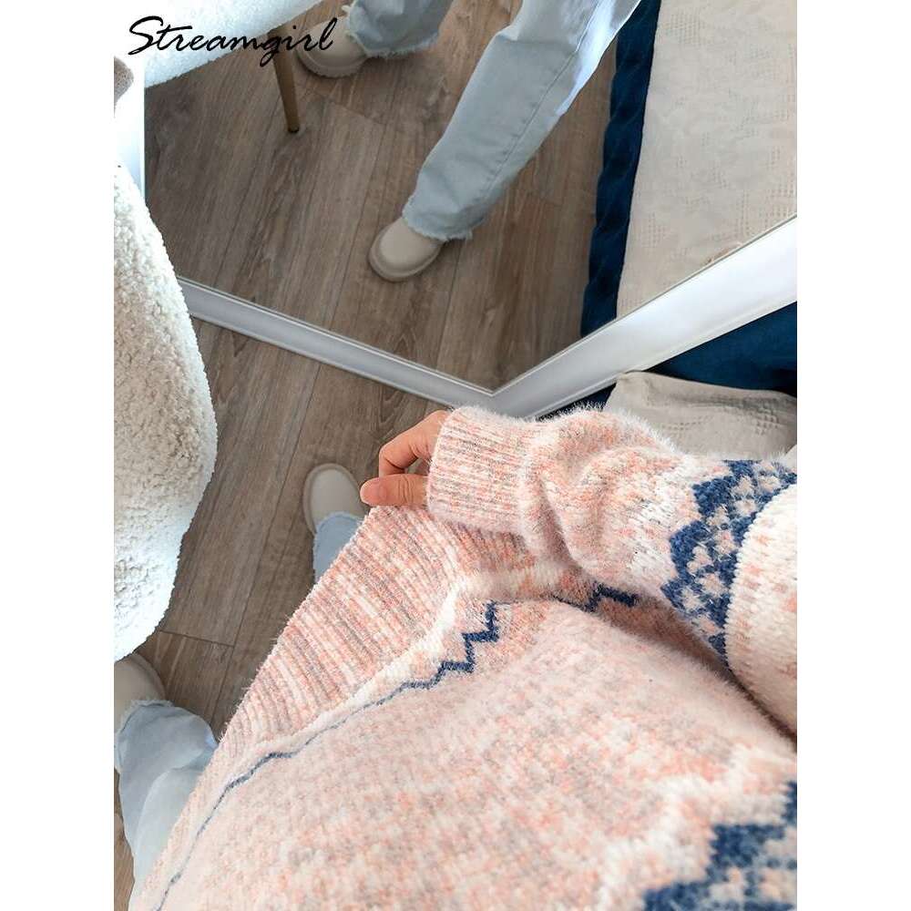 Streamgirl Thick Chenille Christmas 2023 Winter Half-High Collar Knit Pullovers Soft Warm Snow Sweaters For Women