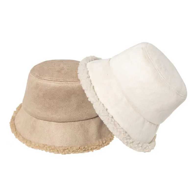 Reversible Leather Fisherman Hat Faux Fur Winter Hats For Women Men Bob Bucket Hat Warm Plush Lambswool Fishing CapX241025