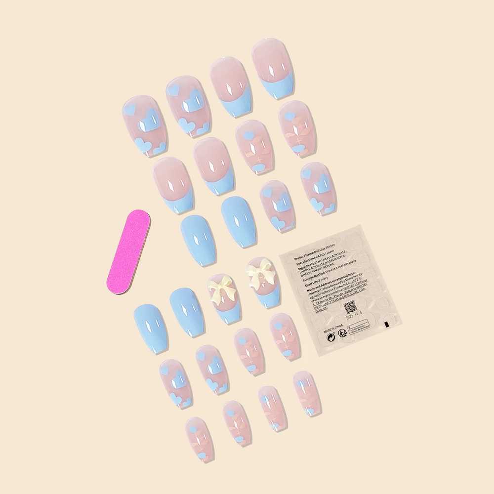 24Pcs/Set Women Girls Medium Coffin Shaped Blue French Heart Flower Yellow Bow Decoration Wearable Fake Nail Press on Nail ArtXJ241025